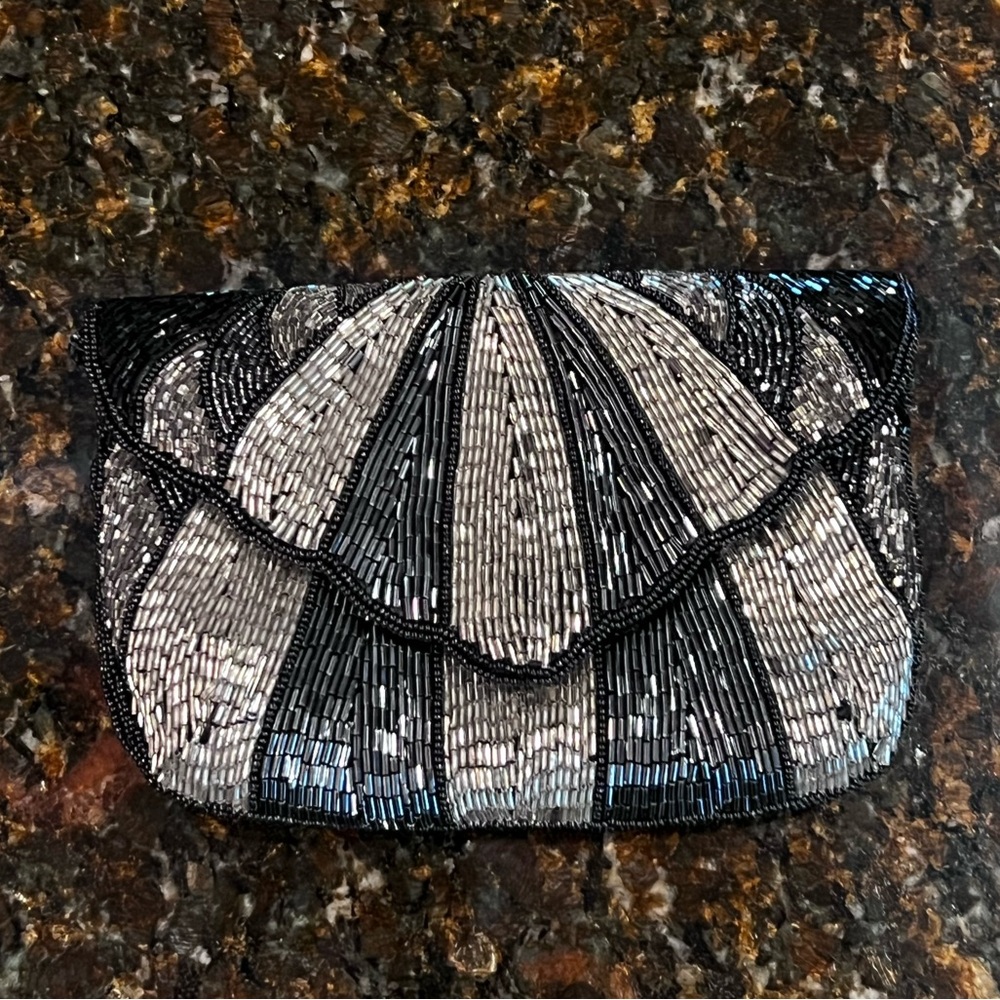 Vintage Black & Silver Beaded Evening Clutch Bag